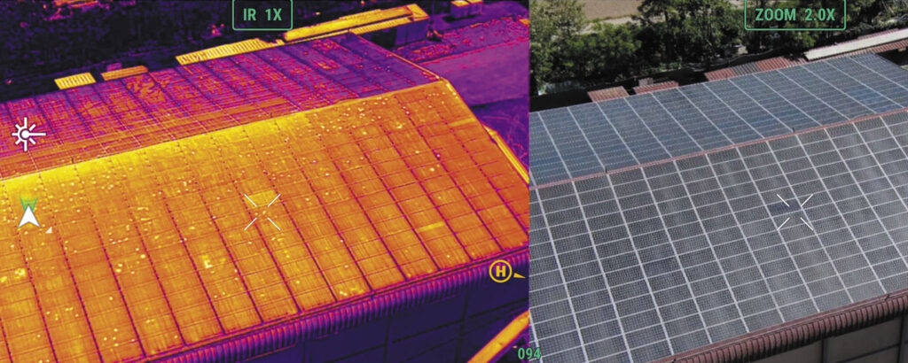 Confronto tra immagine termica e visibile di pannelli fotovoltaici su una copertura industriale