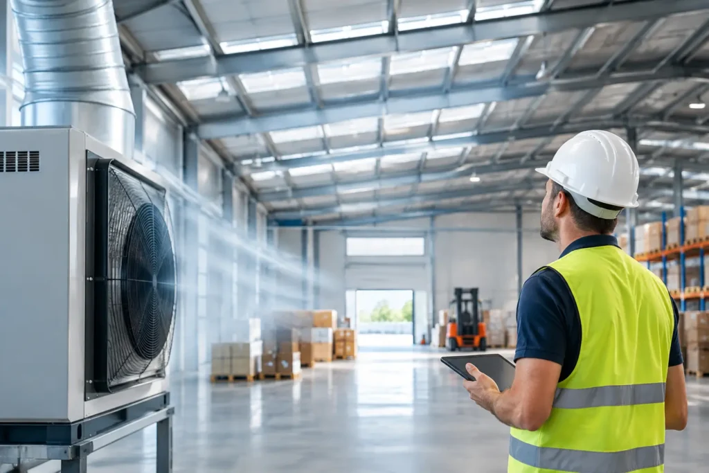Tecnico in un capannone con unità di climatizzazione e condotte di ventilazione