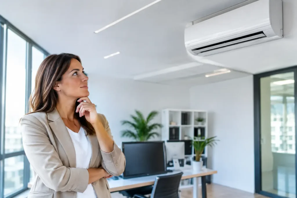 Ufficio con climatizzatore a parete e una persona che ne valuta il funzionamento