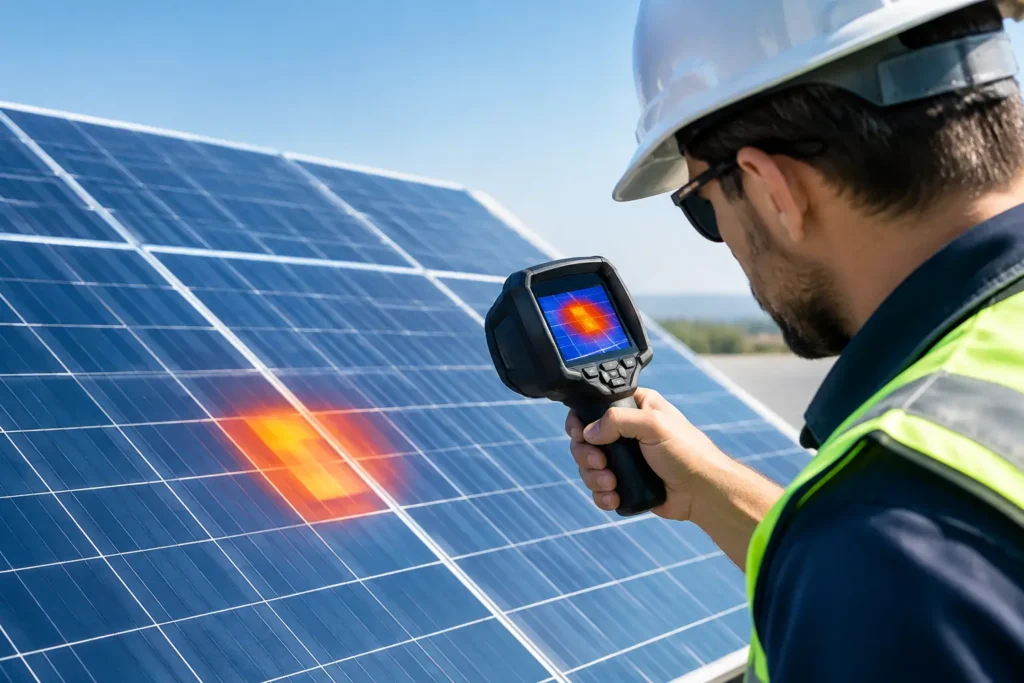 Illustrazione di un tecnico che controlla un pannello fotovoltaico con una termocamera