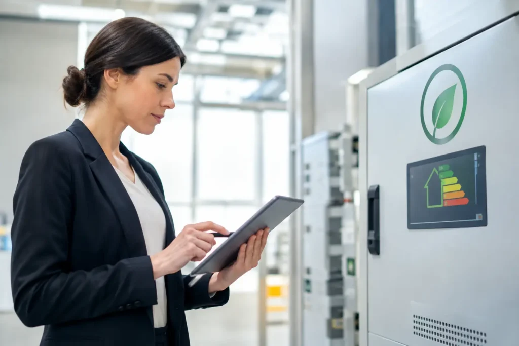 Tecnica con tablet davanti ai quadri elettrici di un impianto industriale