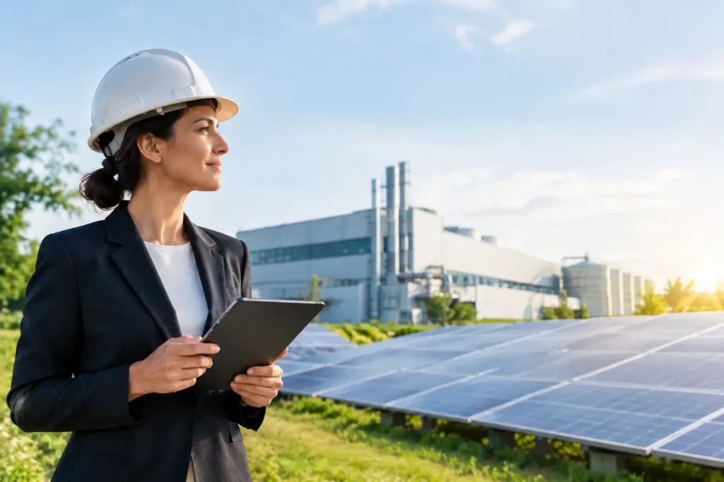 Tecnica con tablet vicino a pannelli fotovoltaici e a un edificio industriale