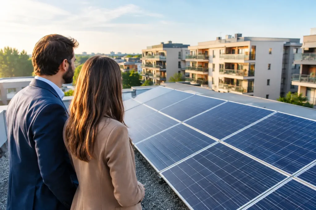 Due persone osservano i pannelli fotovoltaici sul tetto di un edificio residenziale