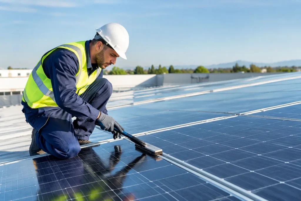 Tecnico impegnato nella manutenzione di pannelli fotovoltaici su una copertura