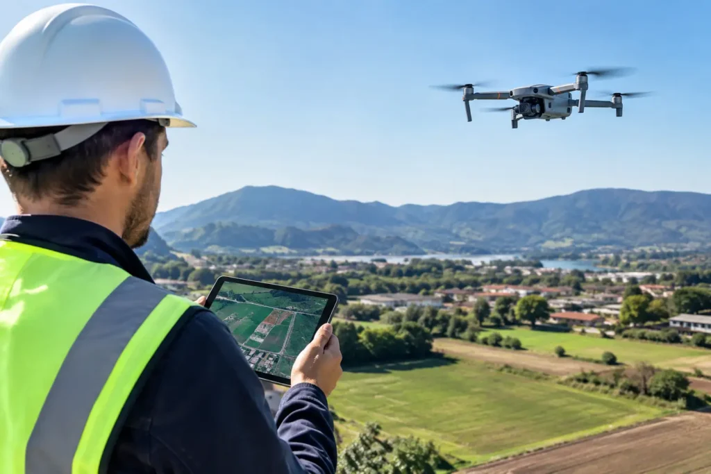 Operatore con radiocomando pilota un drone per un rilievo dall’alto