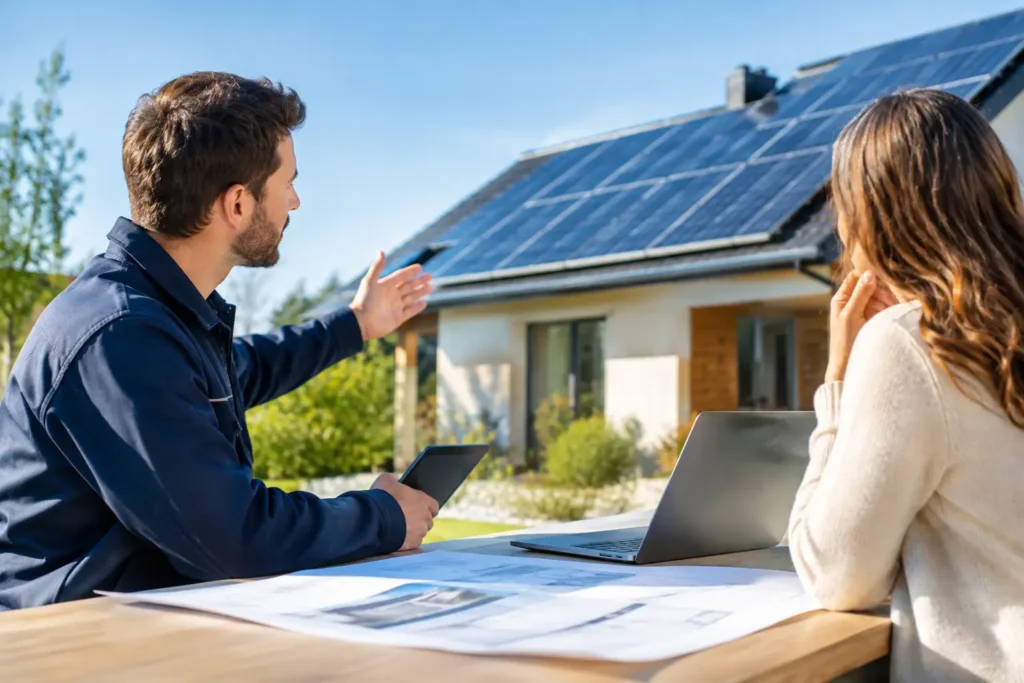 Tecnico e cliente esaminano un progetto fotovoltaico davanti a un’abitazione con pannelli solari