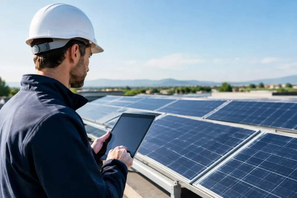 Tecnico con tablet durante un controllo su un impianto fotovoltaico