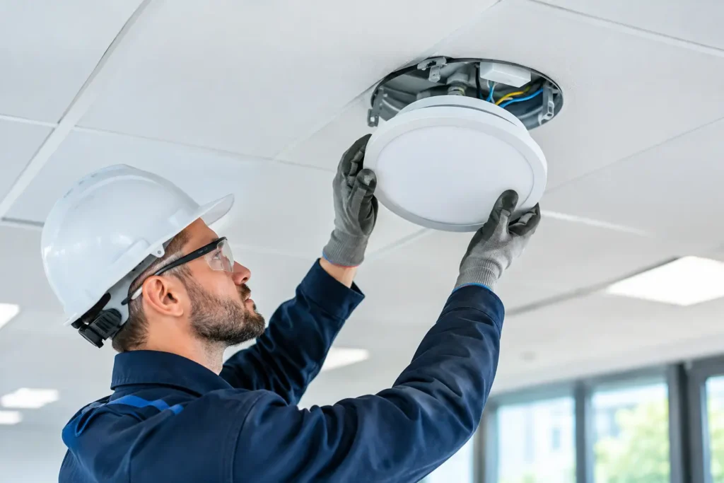 Tecnico installa un apparecchio di illuminazione a soffitto in un ufficio