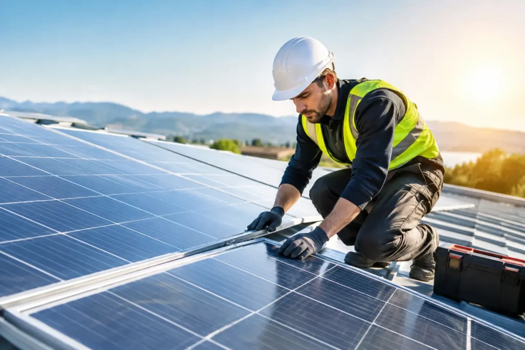 Tecnico al lavoro sui moduli di un impianto fotovoltaico sul tetto